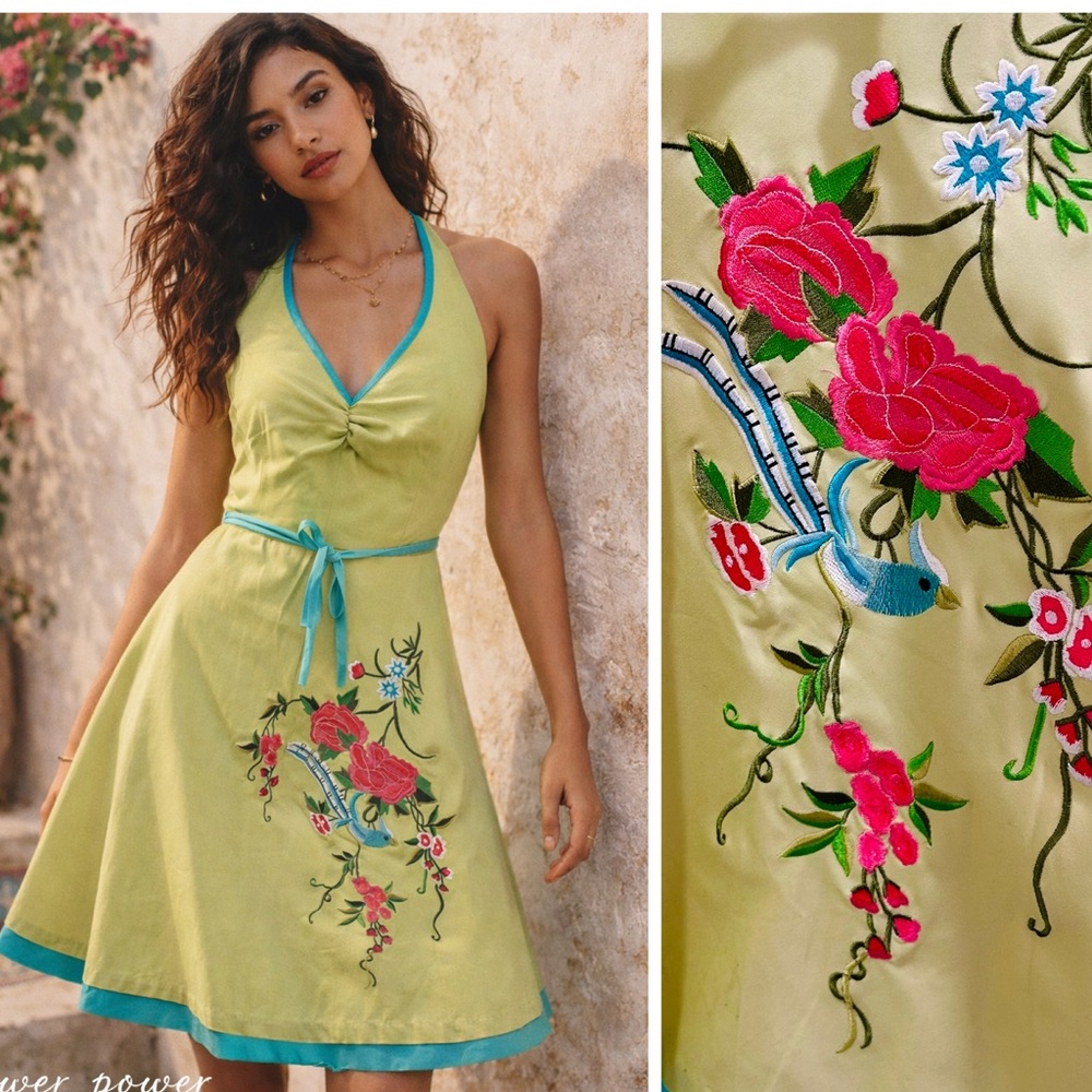 Vintage B. Darlin Lime Green Halter Dress Embroidered Bird Floral A-Line NWT Med